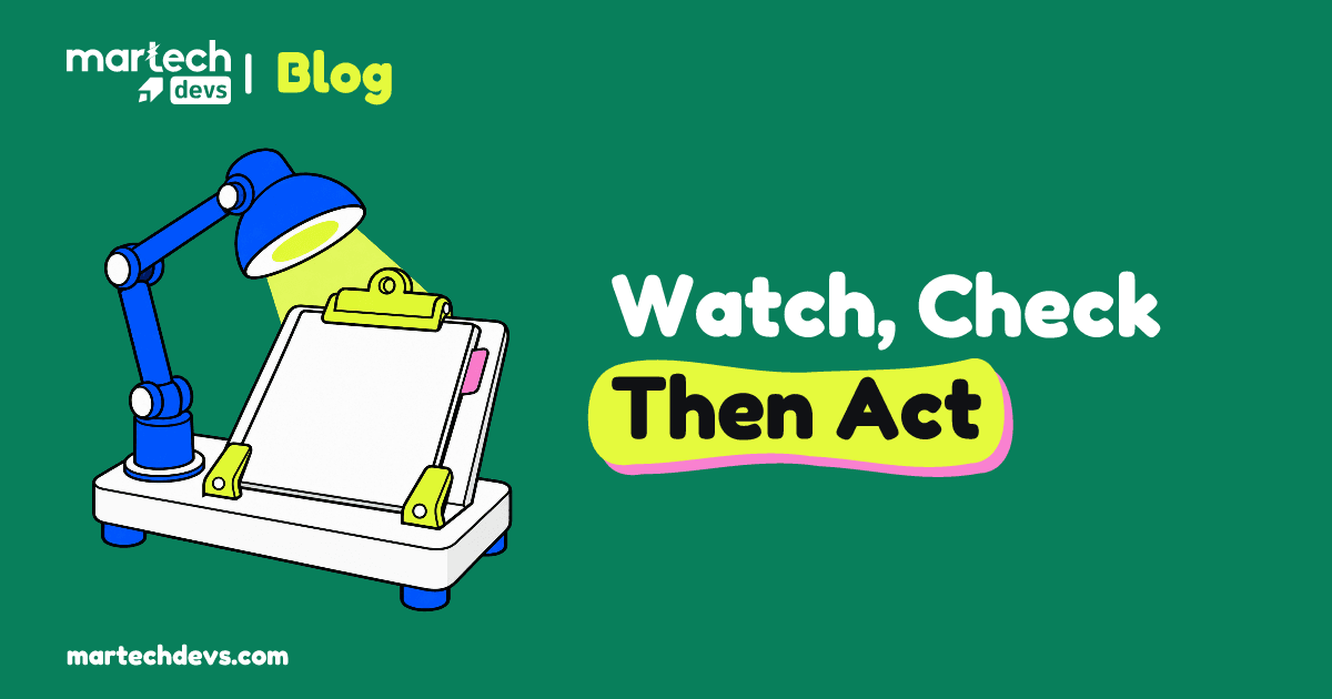 A cobalt inspection lamp shines on a white clipboard held by lime latches beside Watch, Check Then Act.