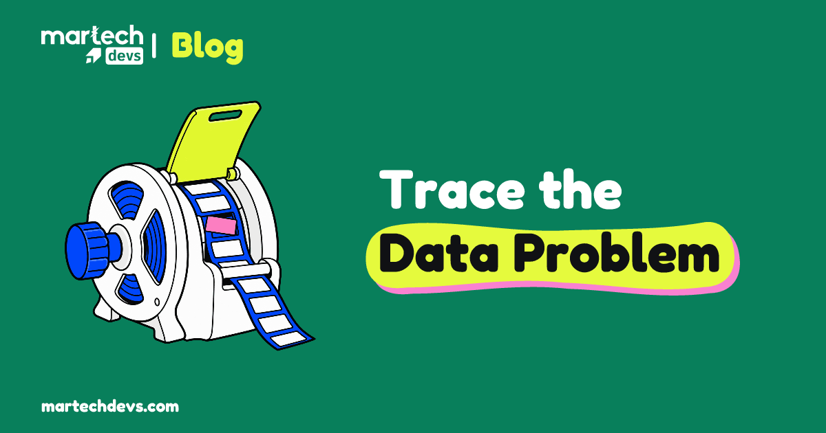 An open diagnostic reel reveals a misaligned pink segment in a cobalt strip beside Trace the Data Problem.
