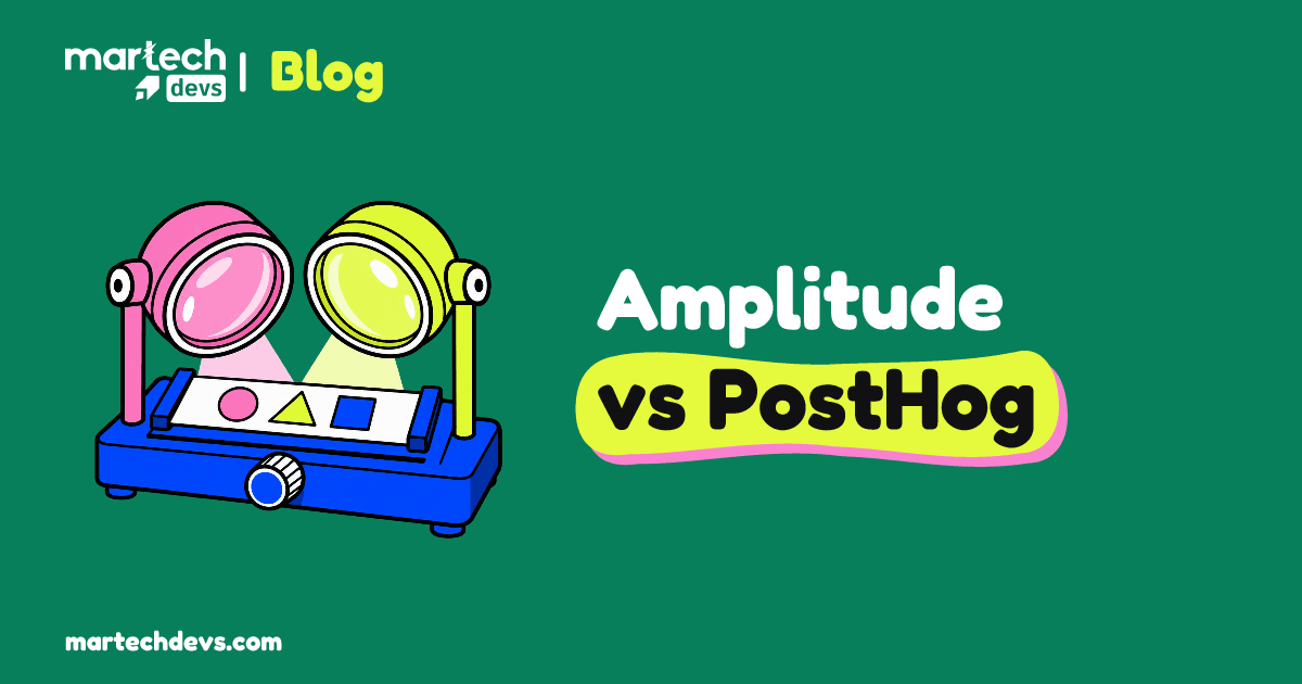Pink and lime optical lenses illuminate the same strip of geometric shapes beside Amplitude vs PostHog.
