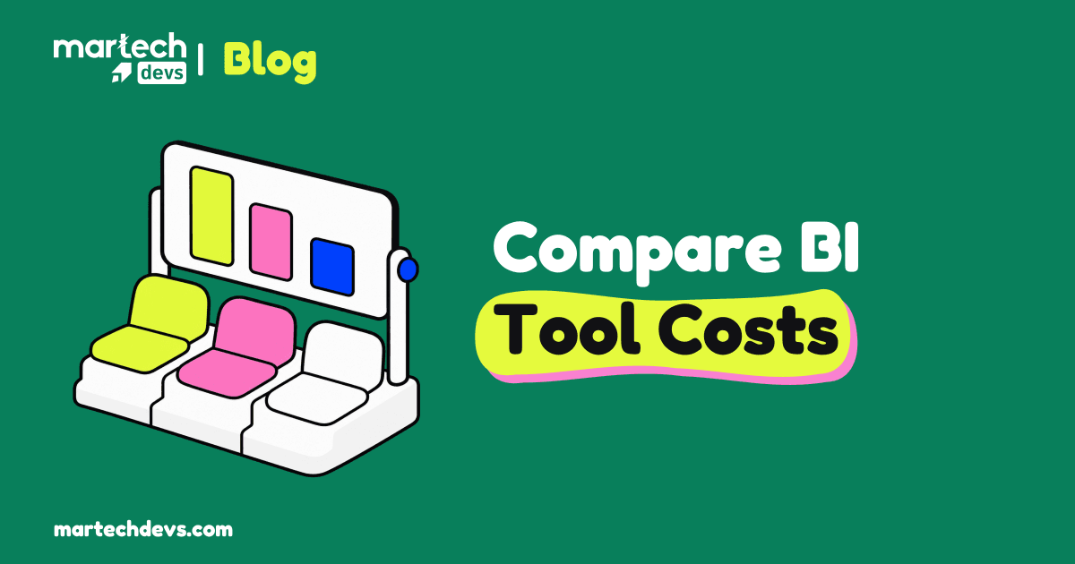 Three lime, pink and white seats sit below a shared chart display beside Compare BI Tool Costs.