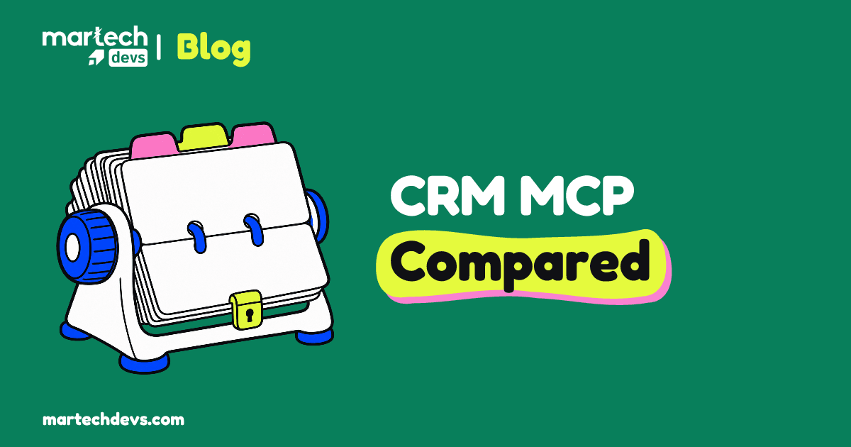 A rotating carousel of record cards with a blue wheel and lime latch beside CRM MCP Compared.