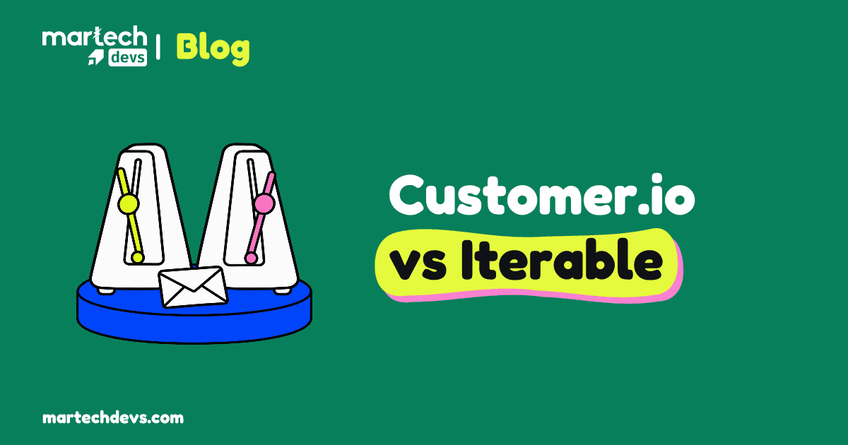 Two metronomes and a message envelope beside Customer.io vs Iterable.