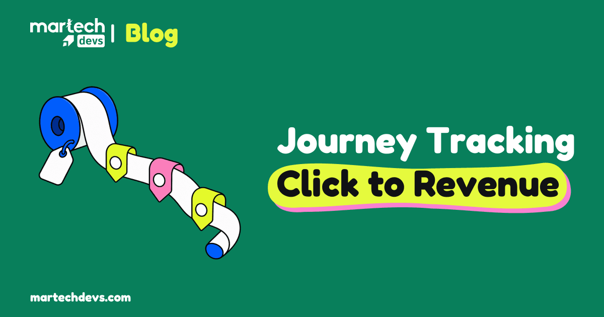 A white timeline ribbon unwinds from a cobalt spool through lime and pink milestone tabs beside Journey Tracking, Click to Revenue.