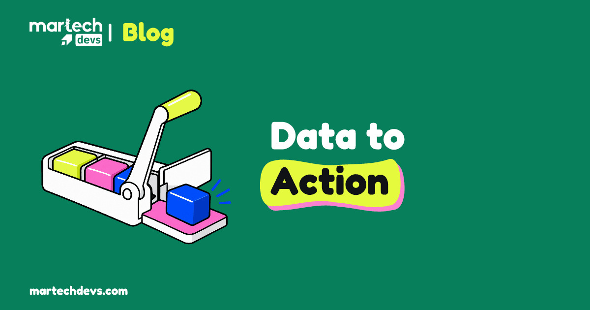 A lime-handled lever releases a blue tile from a tray onto a pink platform beside Data to Action.