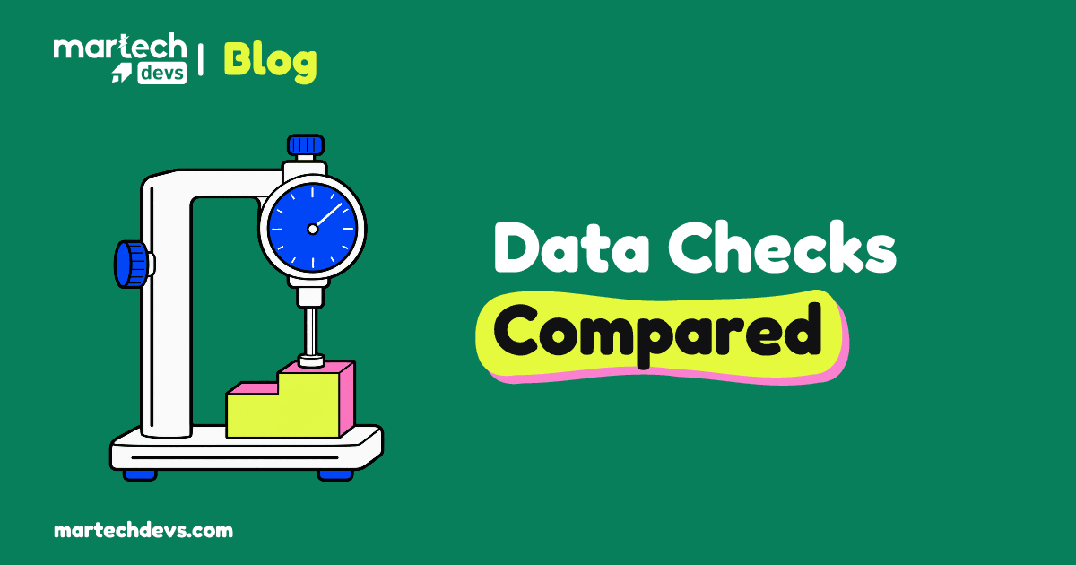 A mechanical depth gauge measures a stepped lime and pink block beside Data Checks Compared.