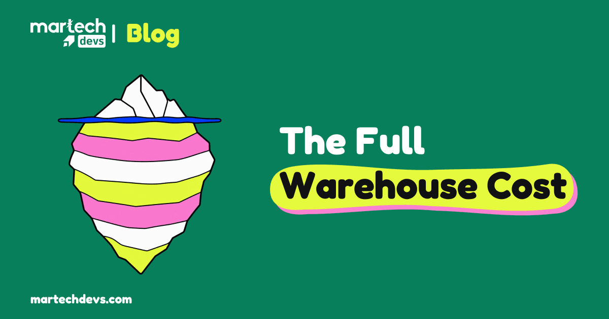 A small white iceberg tip rises above a cobalt waterline, with seven colored layers below, illustrating the full warehouse cost beyond its visible invoice.