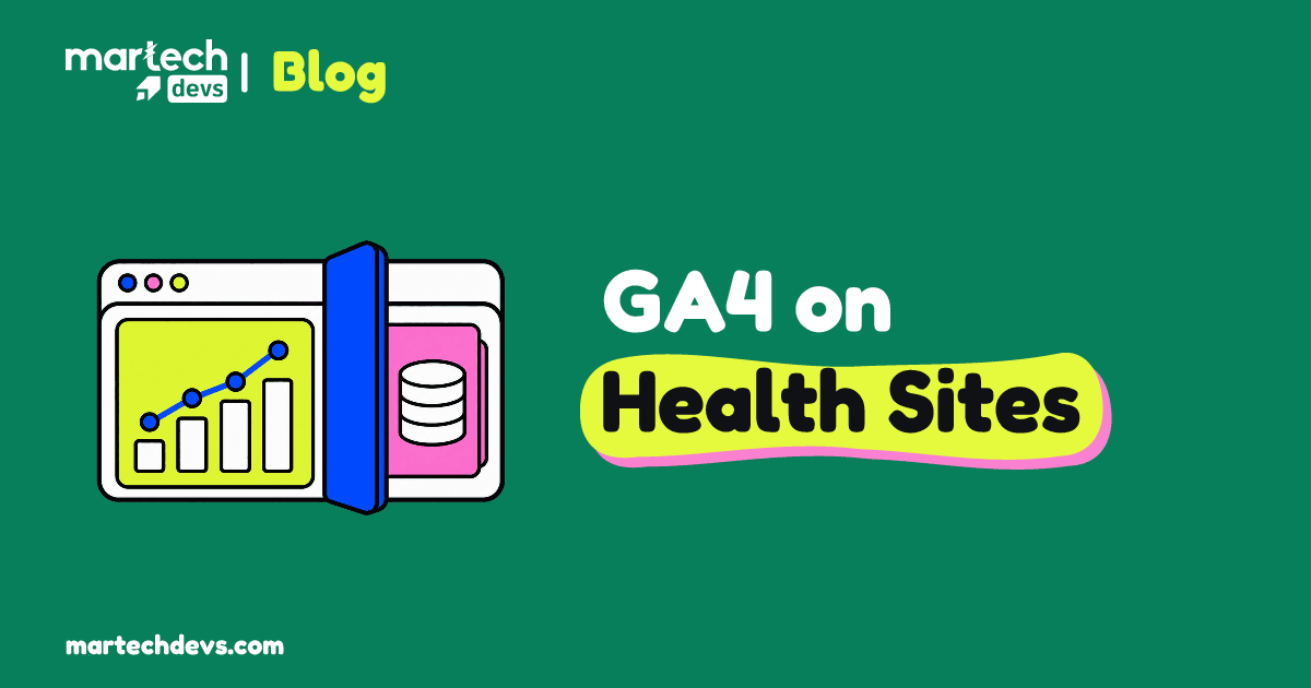 A cobalt barrier separates a chart from a data card inside a browser frame beside GA4 on Health Sites.