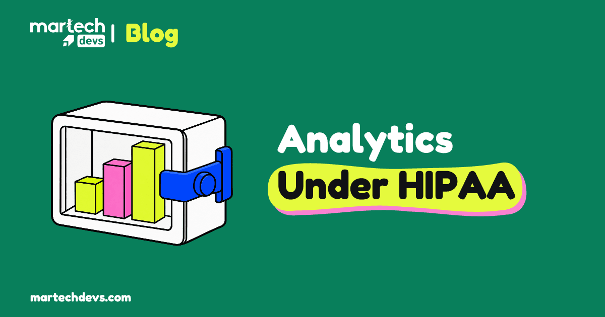 A white display case holds a bar chart behind a cobalt latch beside Analytics Under HIPAA.
