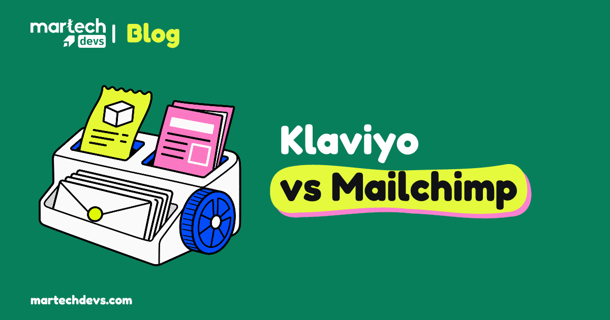 A receipt and newsletter feed a white mail tray with a cobalt counting wheel beside Klaviyo vs Mailchimp.