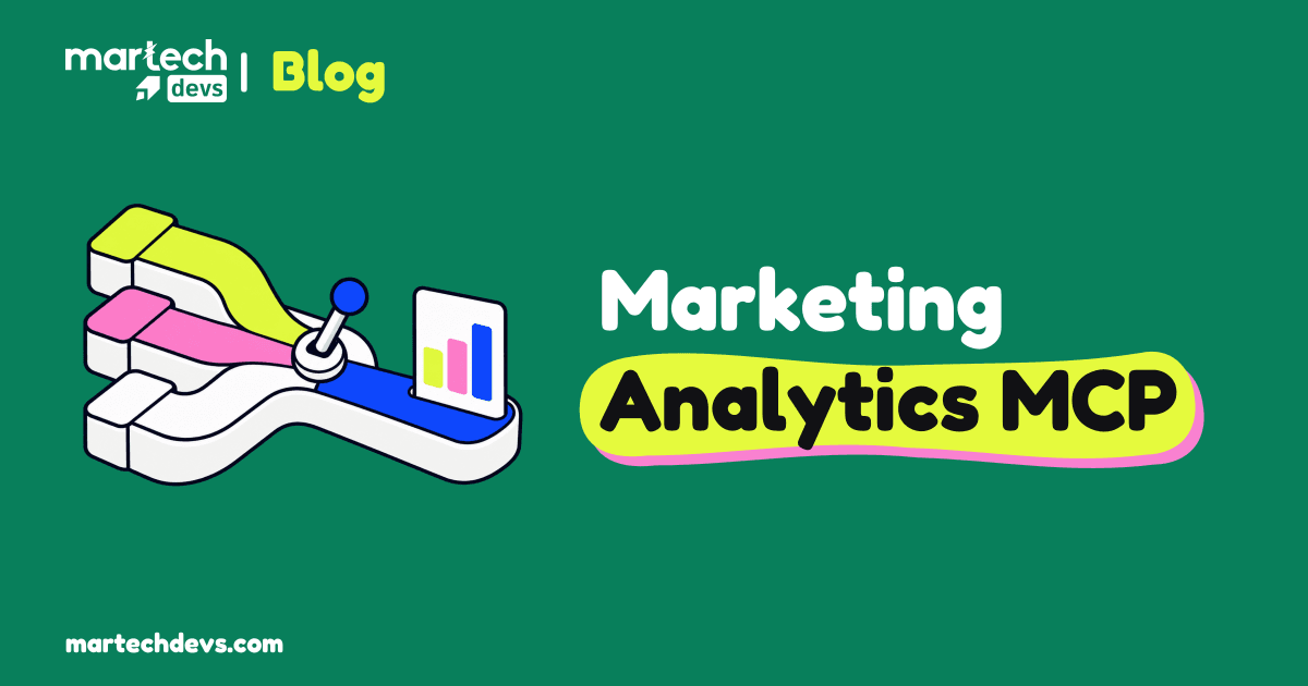 Three white, lime and pink tracks meet at a routing switch and a report sheet beside Marketing Analytics MCP.