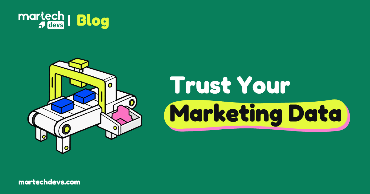An inspection conveyor passes matching blue blocks through a lime gauge and holds a pink exception in a side tray, beside Trust Your Marketing Data.