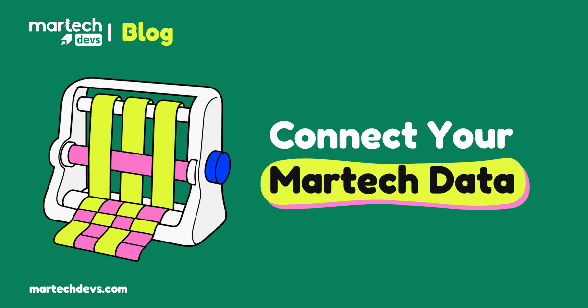 A white loom aligns lime bands with a pink crossbar into a woven strip beside Connect Your Martech Data.