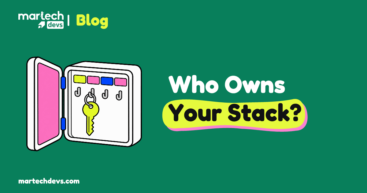 An open key cabinet has four colored tabs and one lime key beside Who Owns Your Stack?