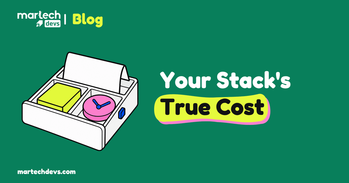 An open white cash drawer holds a white sheet, a lime block and a pink clock beside Your Stack's True Cost.