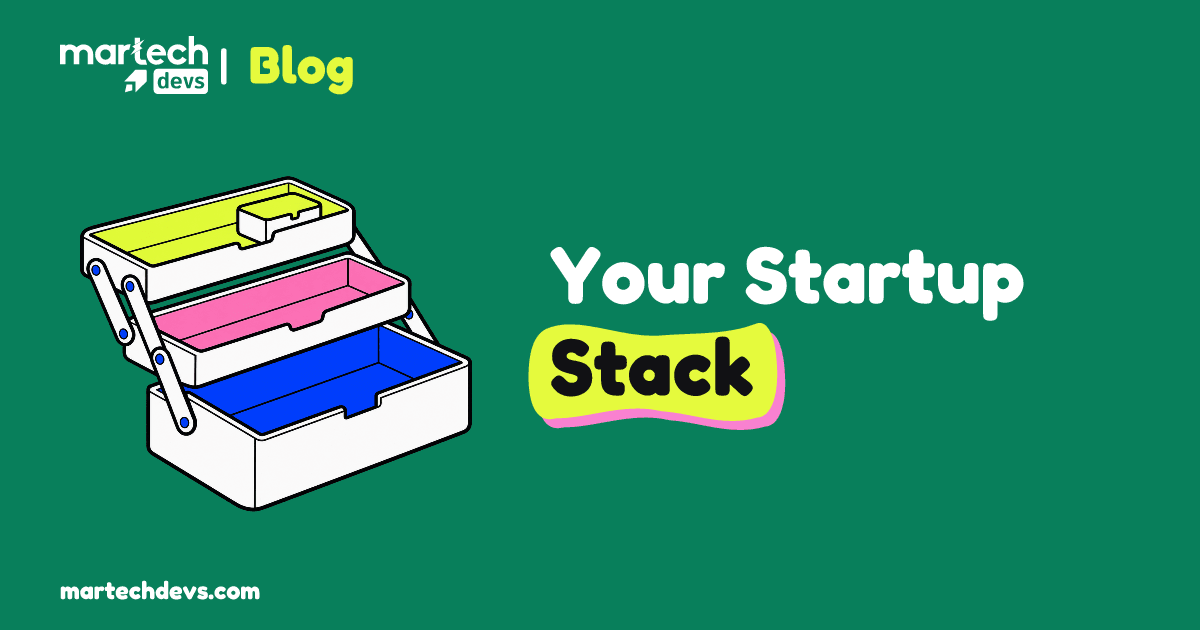 An expandable toolbox opens into three colored trays beside Your Startup Stack.