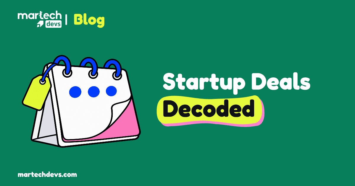 A desk calendar and price tag beside Startup Deals Decoded.