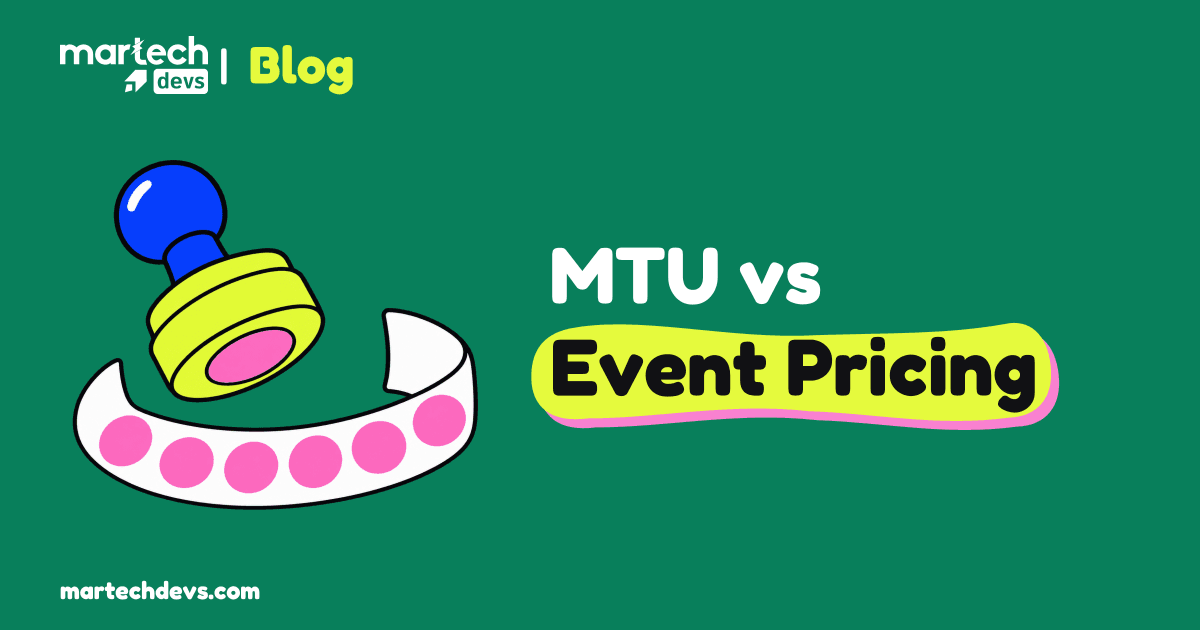 A lime stamp with a cobalt handle sits above a curved white strip with six pink impressions, beside MTU vs Event Pricing.