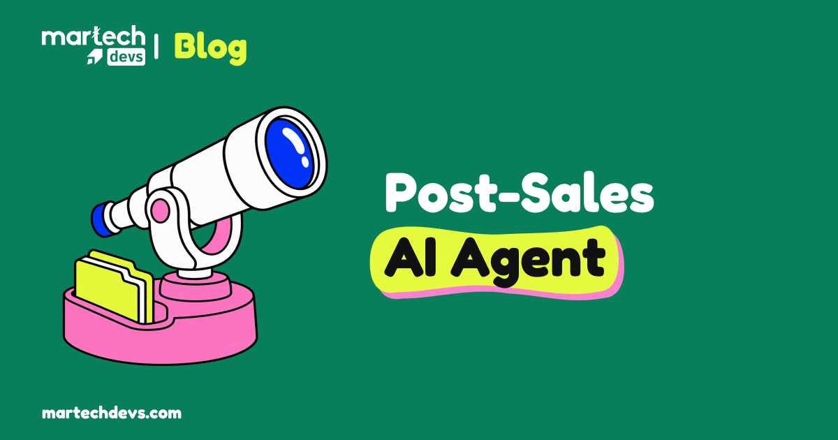 A white telescope with a cobalt lens stands on a pink pedestal beside a lime account folder and the words Post-Sales AI Agent.
