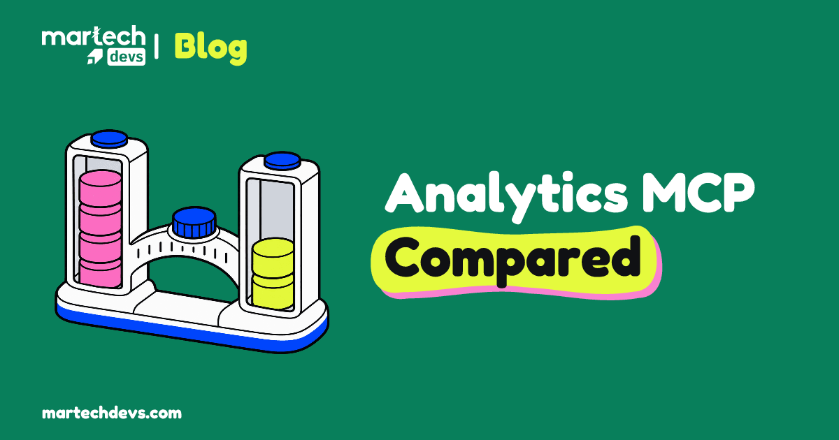 Two stacks of colored counters joined by a measuring bridge beside Analytics MCP Compared.