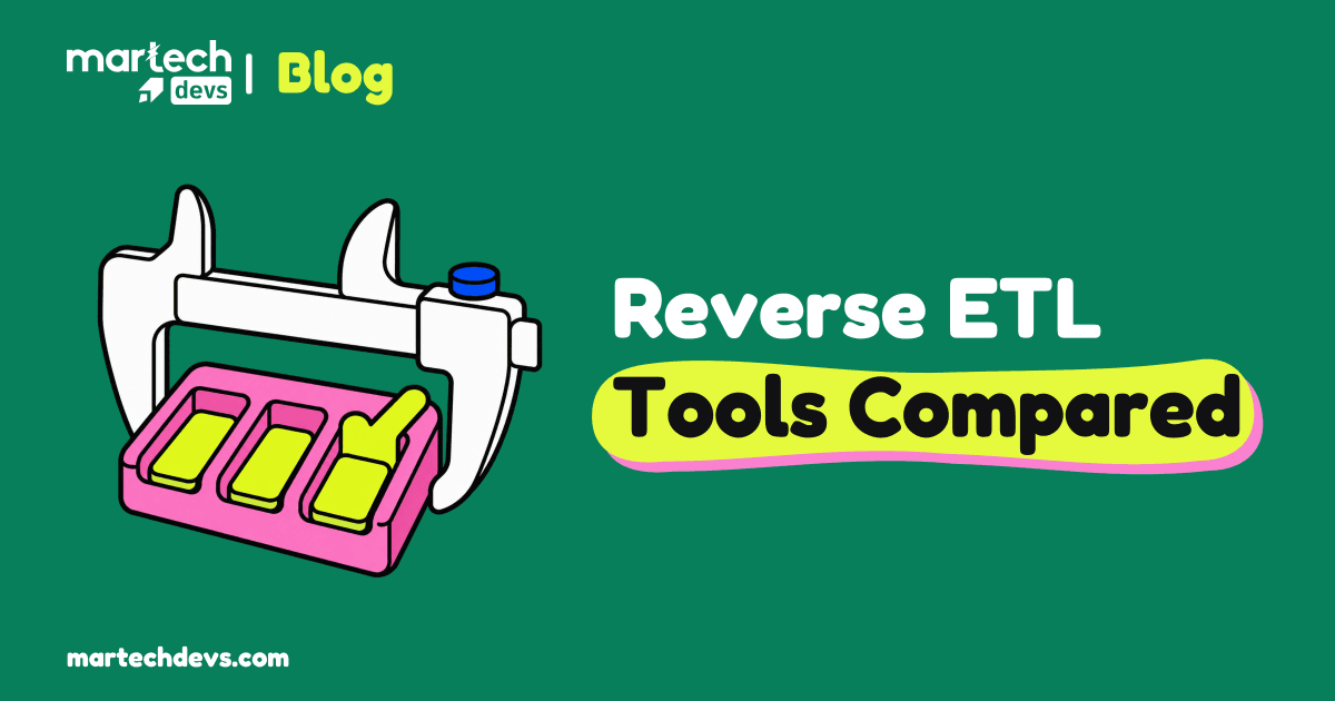 A white caliper measures a pink three-channel block containing lime record tiles, beside the headline Reverse ETL Tools Compared.
