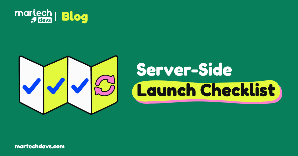 An accordion-fold folio has three blue checkmarks and a pink repeat arrow, beside Server-Side Launch Checklist.