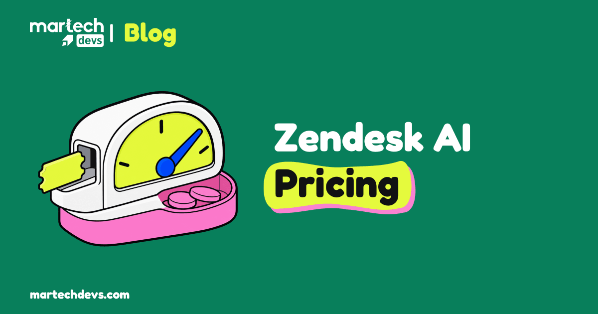 A white usage gauge with a lime dial and blue needle sits beside a pink coin reservoir and ticket input, accompanying Zendesk AI Pricing.